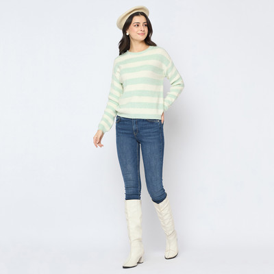 MADAME Striped Round Neck Casual Women Green, White Sweater