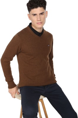 ARROW Solid V Neck Casual Men Brown Sweater