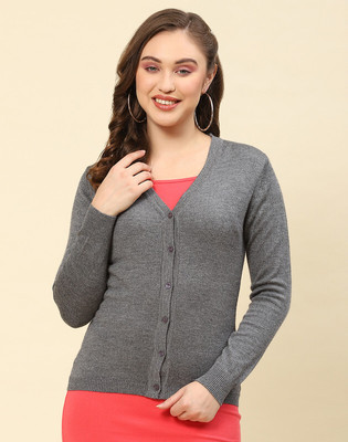MONTE CARLO Solid V Neck Casual Women Grey Sweater