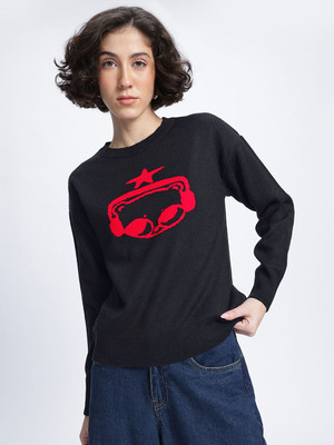 Glitchez Self Design Round Neck Casual Women Black Sweater
