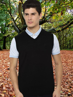 jorden4u Solid, Self Design, Embroidered V Neck Casual Men Black Sweater