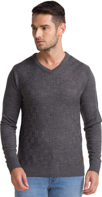 PARX Solid V Neck Casual Men Grey Sweater