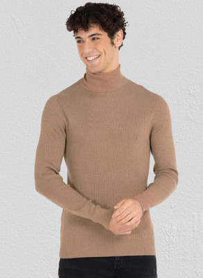 LIME Solid Turtle Neck Casual Men Beige Sweater
