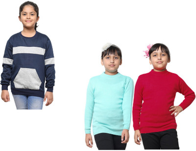 KAVYA Solid Round Neck Casual Girls Multicolor Sweater