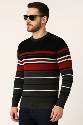 IRA CHOICE Striped Round Neck Casual Men Black Sweater