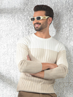 CRIMSOUNE CLUB Colorblock Round Neck Casual Men Beige, White Sweater