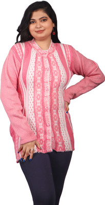 HouseOfCommon Self Design V Neck Casual Women Pink Sweater