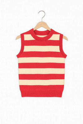 Elefantino Striped Round Neck Casual Boys & Girls Red Sweater