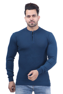 FEVERFEW Self Design Round Neck Casual Men Dark Blue Sweater