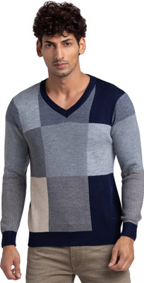 PARX Self Design V Neck Casual Men Blue Sweater