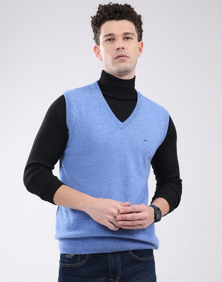 MONTE CARLO Solid V Neck Casual Men Blue Sweater
