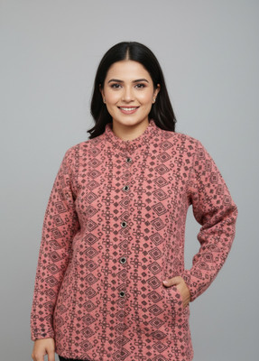 velva Printed Mandarin Neck Casual Women Pink Sweater