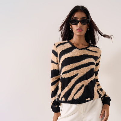 Annabelle by Pantaloons Printed V Neck Casual Women Beige Sweater