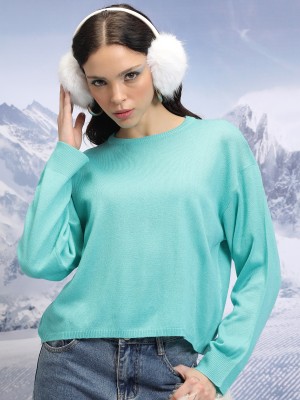 Tokyo Talkies Solid Round Neck Casual Women Light Green Sweater