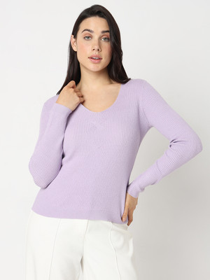 VERO MODA Solid V Neck Casual Women Purple Sweater