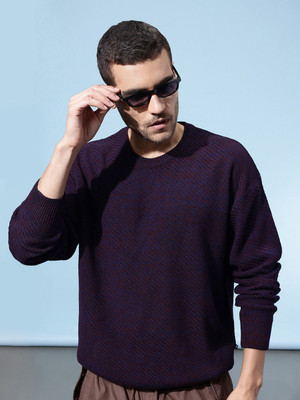 Glitchez Self Design Round Neck Casual Men Blue Sweater