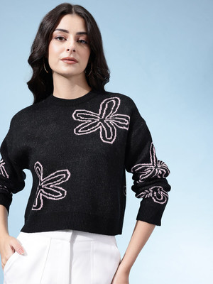 Glitchez Floral Print Round Neck Casual Women Black Sweater