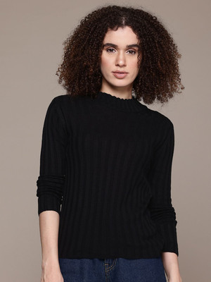 Roadster Self Design Round Neck Casual Women Green Sweater