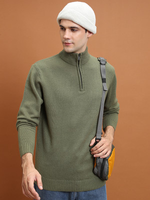 HIGHLANDER Solid High Neck Casual Men Green Sweater
