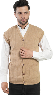 manra Self Design V Neck Casual Men Beige Sweater