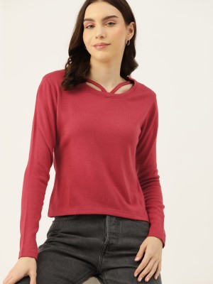 Dressberry Solid Round Neck Casual Women Red Sweater