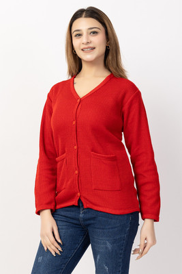 Harjot Self Design V Neck Casual Women Red Sweater