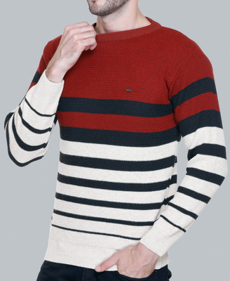 eWools Striped Round Neck Casual Men Maroon Sweater