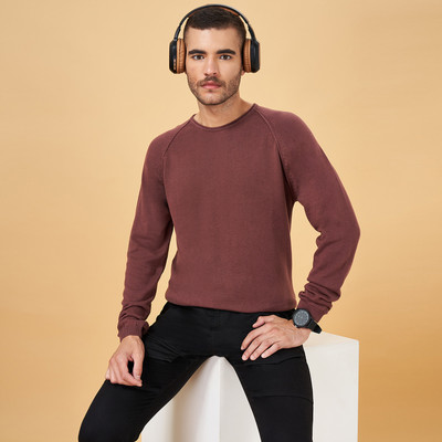 PEOPLE Self Design Round Neck Casual Men Maroon Sweater