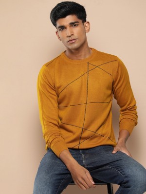 INVICTUS Striped Round Neck Casual Men Yellow, Grey Sweater