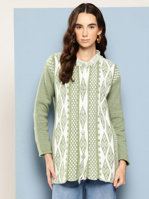 METRONAUT Printed High Neck Casual Women Green, White Sweater