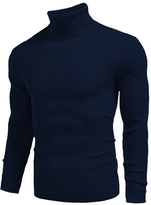 HouseOfCommon Solid High Neck Casual Men Dark Blue Sweater
