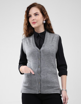 MONTE CARLO Solid V Neck Casual Women Grey Sweater