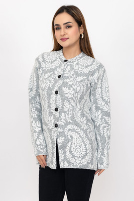 TRUDO Printed Mandarin Neck Casual Women Grey Sweater