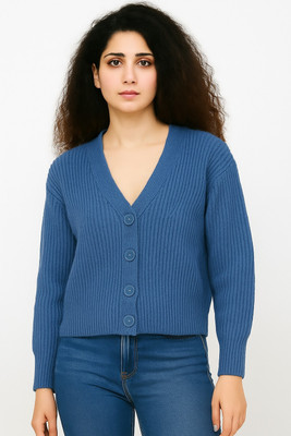 Nobarr Solid V Neck Casual Women Blue Sweater