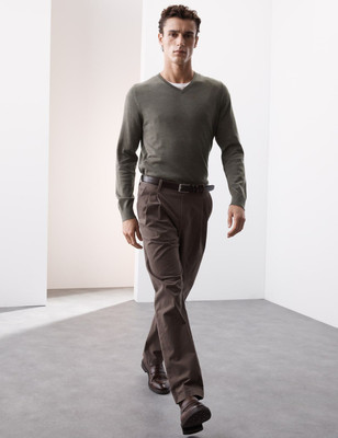 MARKS & SPENCER Solid V Neck Casual Men Grey Sweater