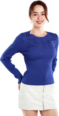 London Rag Self Design Round Neck Casual Women Blue Sweater