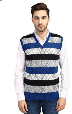 ANIXA Colorblock V Neck Casual Men Blue Sweater