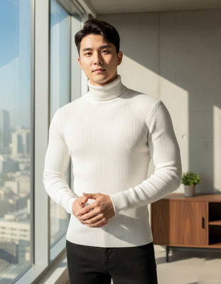 FASHLOOK Solid High Neck Casual Men White Sweater