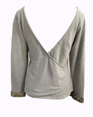 graspadeal Embroidered V Neck Casual Women Reversible Grey Sweater