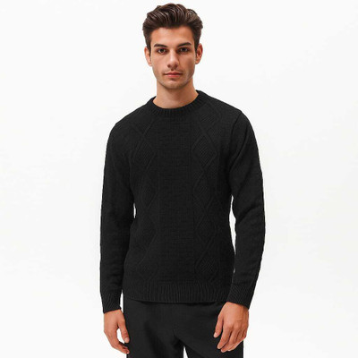 Maksa Self Design Round Neck Casual Men Black Sweater