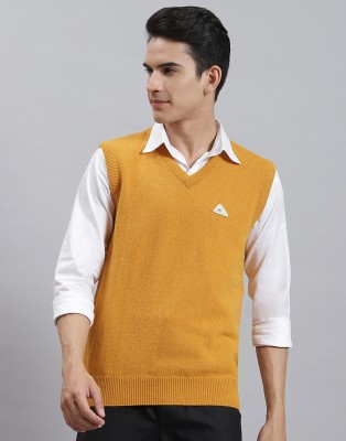 MONTE CARLO Solid V Neck Casual Men Yellow Sweater