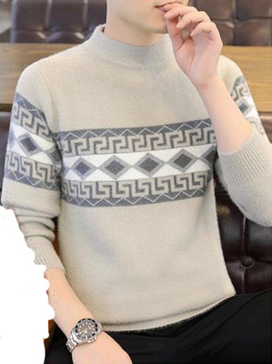 Keenuu Printed Round Neck Casual Men Brown Sweater