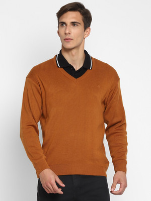 Alan Jones Solid V Neck Formal Men Brown Sweater