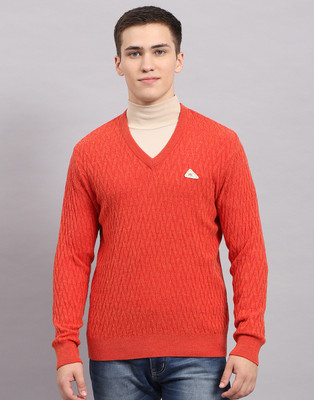 MONTE CARLO Self Design V Neck Casual Men Orange Sweater