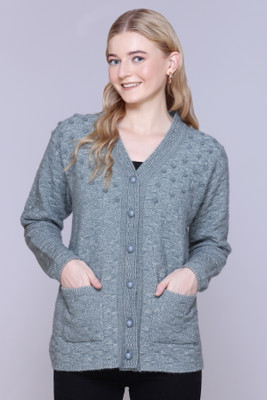 First Sleep Self Design V Neck Casual Women Grey Sweater