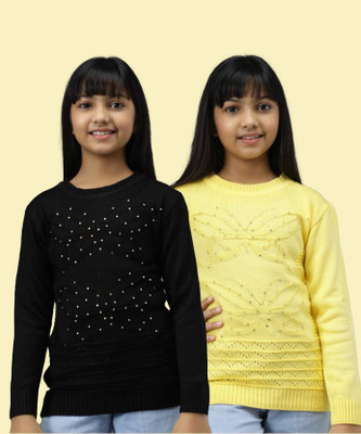 ANIXA Self Design Round Neck Casual Girls Multicolor Sweater