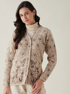 Rivza Self Design V Neck Casual Women Beige Sweater