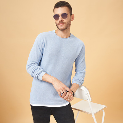 PEOPLE Self Design Round Neck Casual Men Blue Sweater