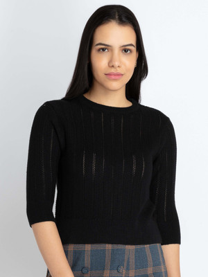 Status Quo Solid Round Neck Casual Women Black Sweater