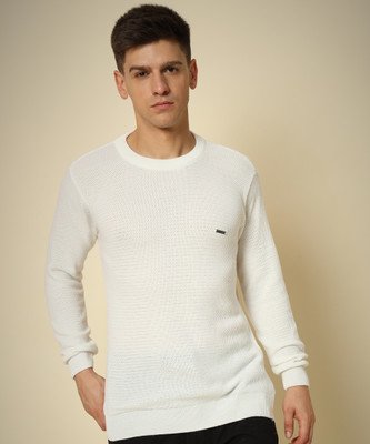 HELL BOUND Solid Round Neck Casual Men White Sweater